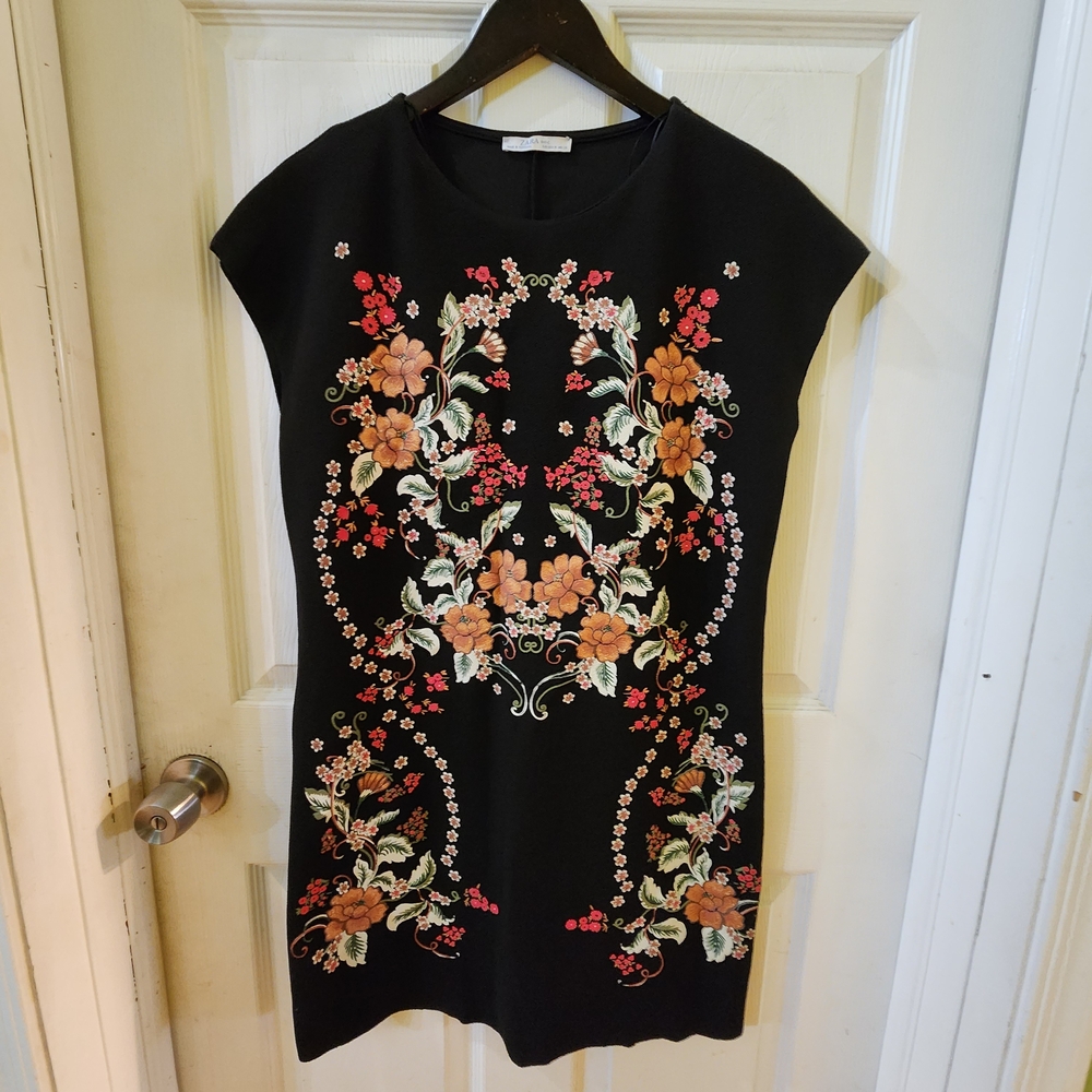 Zara Black Dress with Colorful Floral Design